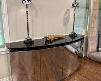 Modern Curved Sideboard with High-Gloss Black Top and Mirrored Cabinet Doors