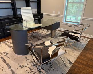 Kidney Shaped Glass Top Desk with Grey Leather Leg & Utility Drawer