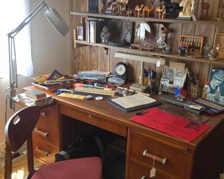 Vintage Industrial solid wood desk & MCM desk chair by Hooker