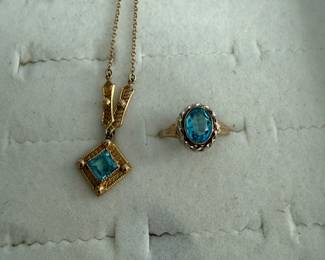 Gold & Blue Topaz Antique Lavalier Necklace & Ring