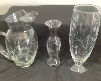 Cornflower Etched Pitcher and Vases