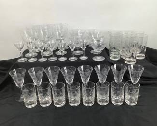 Vintage Etched Cornflower Water, Wine, Cordial, Martini,& Tumbler Glasses