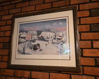 This is a framed, pencil-signed and numbered limited edition lithograph titled "Dashing Off to the Sugar House" by American folk artist Will Moses.