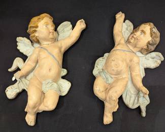 Angels set of two 18th century plaster painted