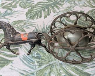 Vintage cast iron horse drawn bell push toy. Rings loud and clear!