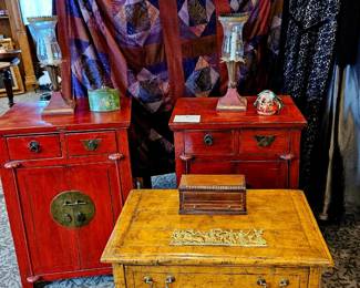 Guy Chaddock chest of drawers, 2 19th c red laquer cabinets