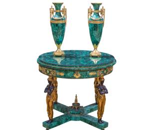 Lot 208 Gilded Bronze Malachite Table with Pair of Vases