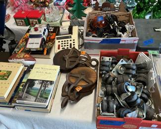 Garage items, books, vintage pulleys