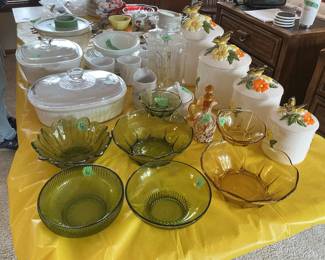 Green depression bowls, vintage casserole set, white covered casserole, 