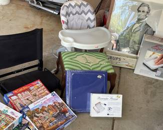 Puzzles, photo album, hand stitched “k” footstool, baby high chair, Lincoln Print, Krupp’s opti slice, Epi ped