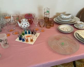 Full set of China with place setting for 12, pieces that have pink florals, teapots, vintage martini set