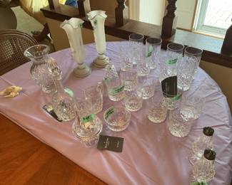 Waterford items:  sugar and creamer, tumblers, rock glasses, decanter, vase