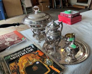 Silver plate full service coffee pot with sugar and creamer and tray