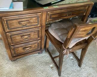 Wooden desk and chair.  Desk has two matching cabinets