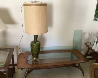 Mersman mid century modern coffee table with lower shelf and glass top