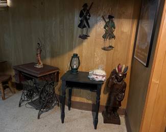 Carved Wood Native American Statue, Telephone Table, Sewing Machine Table