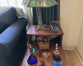 Pair of Figural Deer Slag Glass Lamps with Tree Trunk Bases, Pair of Side Tables