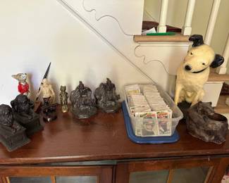 Lion Bookends, Native American Scout w/ Dog Bookends, Nipper RCA Dog Figure, Vintage Baseball & Football Cards, Bear Pen / Pencil Holder