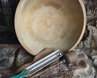 Antique Primitive Wood Bowl & accessories