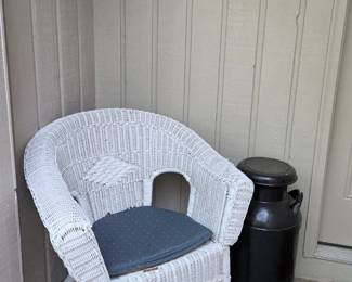 Wicker chair, Milk can & Wall art sculpture