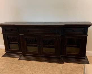 Large solid wood media console dark wood finish