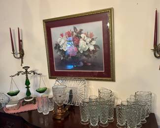 Another beautiful Scales of Justice. The Whitehall pitcher and glasses sets. Crystal. Brass wall sconces. Art. Brass lamp.....