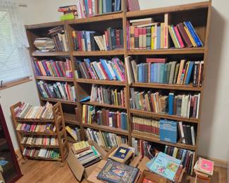 Lots of books - being carefully organized by Nathan!