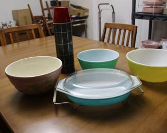 Mixing bowls, old Thermos, casserole