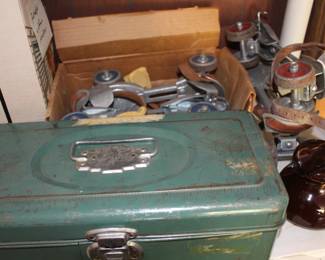 Fishing equipment, old roller skates