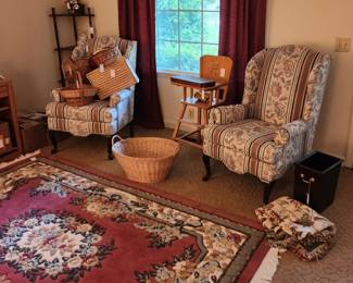 Baskets, Wingback Chairs, Vintage High Chair, Floral Rug