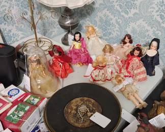 Storybook Dolls, Pewter Lamp, Brass Wall Decor