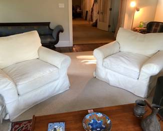 Pair of restoration hardware canvas slipcovered easy chairs with 1 ottoman 