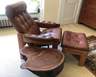 Ekornes Amigo reclining chair & ottoman & a live edge side table
