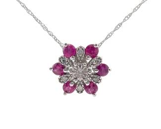 Natural Ruby & Diamond Flower Pendant Necklace in 14k White Gold