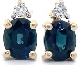 Oval Natural Blue Spinel & Diamond Two-Stone Stud Earrings in 14k Yellow Gold