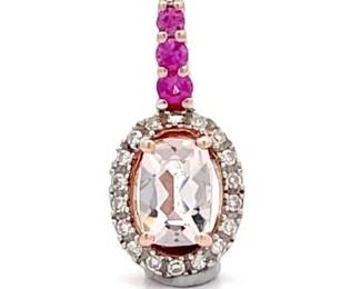 Natural Morganite, Pink Sapphire & Diamond Halo Pendant Necklace in Rose Gold