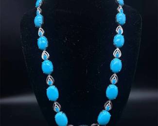 Oscar Friedman 107.47 Carat Natural Turquoise & Natural Diamond Necklace in 14K White Gold