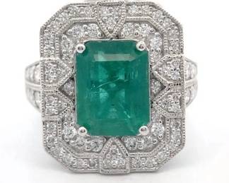 Oscar Friedman 4.37 Carat Natural Emerald & Natural Diamond Ring in Platinum