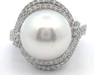 22.24 Carat Pearl & Natural Diamond Ring in Platinum w/ GIA Report