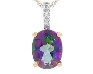 Oval Cut Mystic Topaz & Natural Diamond Pendant Necklace in Yellow Gold