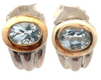 Designer Stamped Oval Natural Aquamarine Bezel Two-Tone J-Earrings