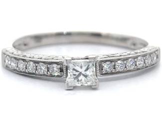0.50 Carat Princess Natural Diamond Scrolled Engagement Ring in 14k White Gold
