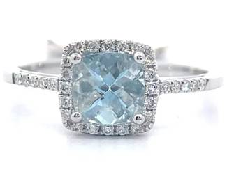 Johnny Wang 0.87 Carat Natural Aquamarine & Diamond Halo Cathedral Ring in 14k White Gold