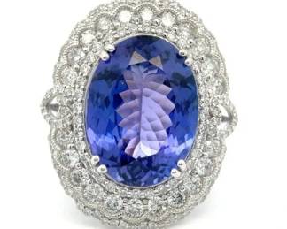 Oscar Friedman 14.90 Carat Natural Tanzanite & Natural Diamond Ring in Platinum w/ GIA Report