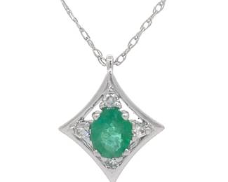0.55 Carat Natural Emerald & Natural Diamond Geometric Pendant Necklace in 14k White Gold