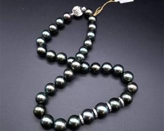 Tahitian Pearl (11 - 14mm) & Natural Diamond Necklace in 14K White Gold