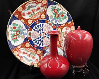 Imari Platter and Oxblood Style Glazed Porcelain Vases
