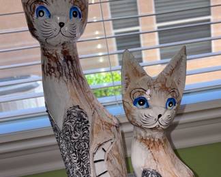 Folk Art Hand Carved & Painted Wooden Cats