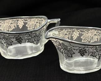 Vintage Silver Overlay Glass Creamer and Sugar Bowl Set
