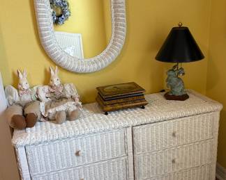 White Wicker Six Drawer Dresser and Matching Mirror